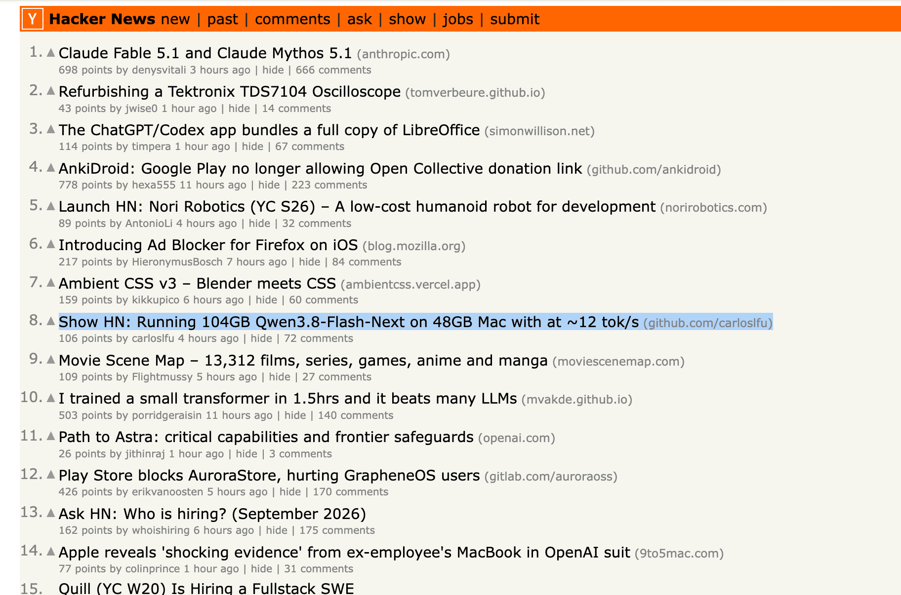 Hacker News front page with slotstream ranked number eight