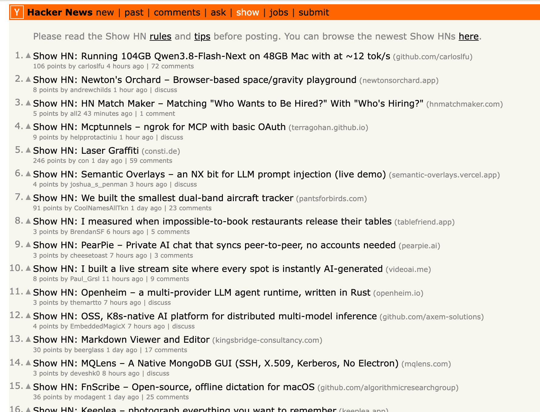 Hacker News Show page with slotstream ranked number one